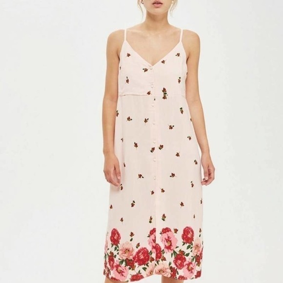 NWT Topshop Button Front Slip Midi‎ Dress in Pink Nude Rose Floral, Size 10 - Picture 1 of 11